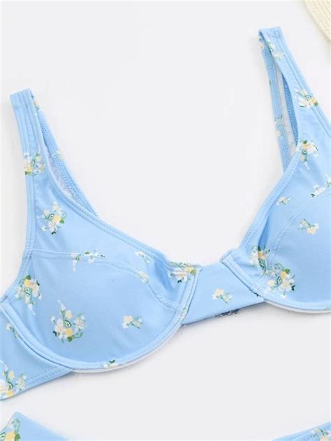 Emmiol Free Shipping Underwire Floral Print Bikini Set Blue S In