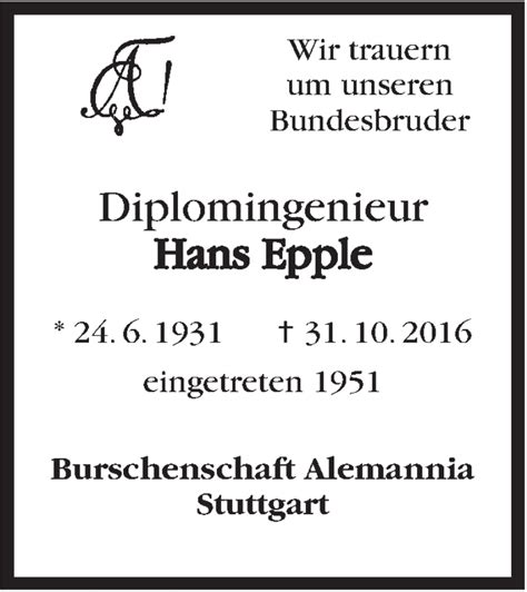 Traueranzeigen Von Hans Epple Stuttgart Gedenkt De