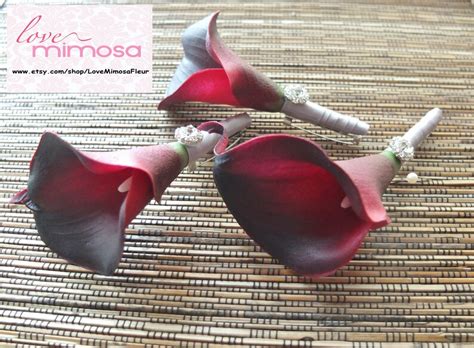 Men S Boutonniere Burgundy Calla Lily With Silver Grey Etsy