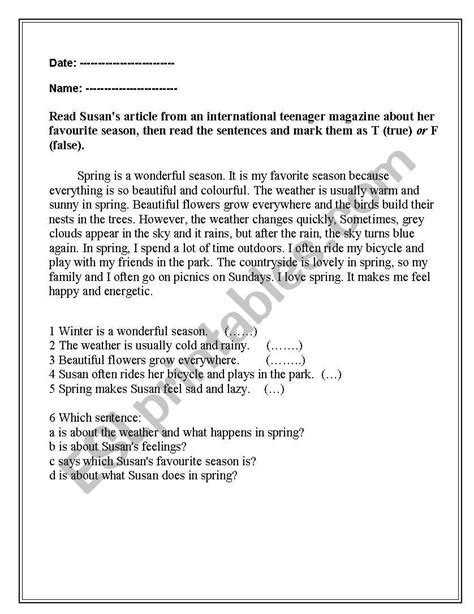 reading comprehension  key esl worksheet  sweet hannah