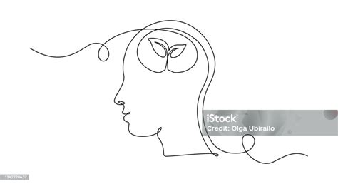 One Continuous Line Drawing Of Human Head With Plant Inside Mental