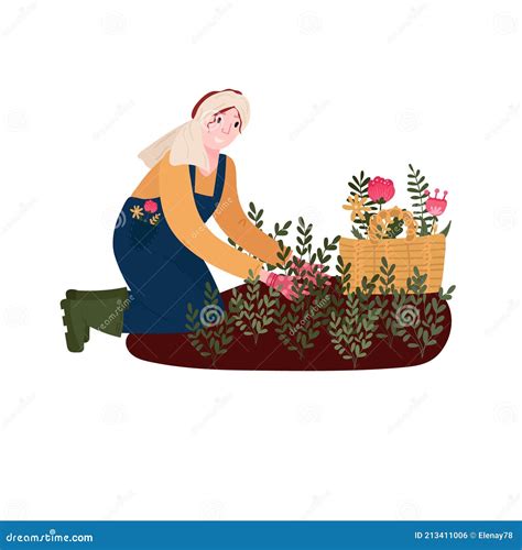 Farmer in Garden Growing Flowers. Woman in Overall and Gloves Cultivate