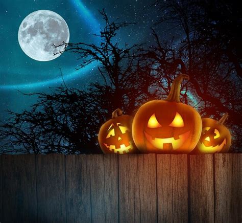 Premium Photo Halloween Pumpkins On Wood Halloween Background At Night Forest With Moon