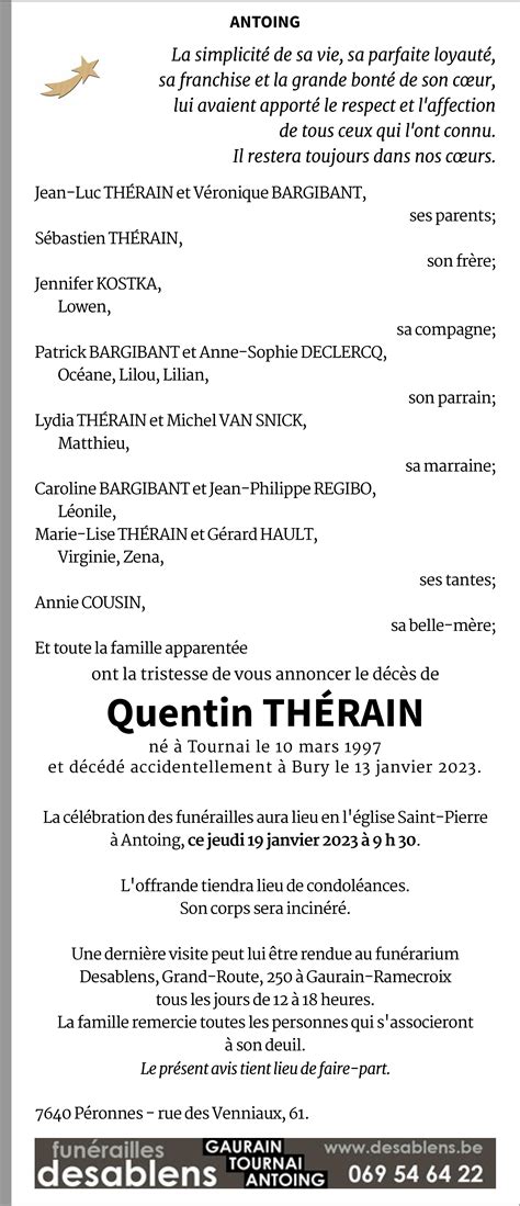 Quentin ThÉrain De Tournai Annonce De Décès Sur Enmemoire Be En Mémoire