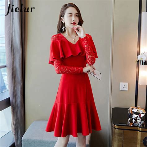 Jielur Lace Sexy Solid Color Red Dress Women Autumn Winter Korean Fashion Vestidos Mujer 2019