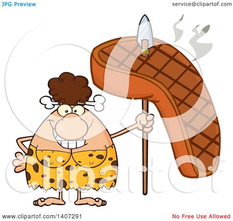 Clipart Of A Brunette Cave Woman Holding A Grilled Steak On A Spear