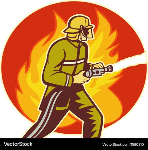 Firefighter fireman with water hose fighting fire Vector Image