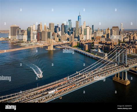 Aerial of Manhattan Bridge and Brooklyn bridge with the view of ...