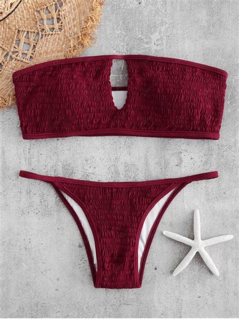 10 OFF 2021 Keyhole Smocked Bandeau Bikini Set In RED WINE ZAFUL