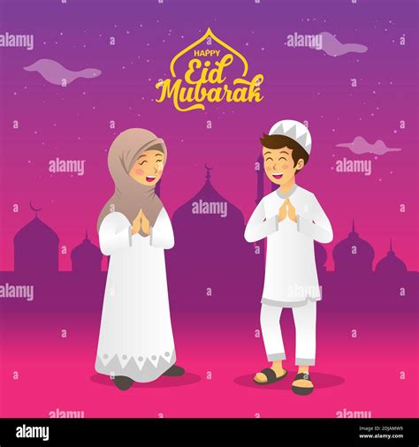 Eid mubarak greeting card. Cartoon muslim kids celebrating Eid al fitr ...