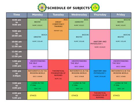 schedules guideline  studying schedule  subjects time monday
