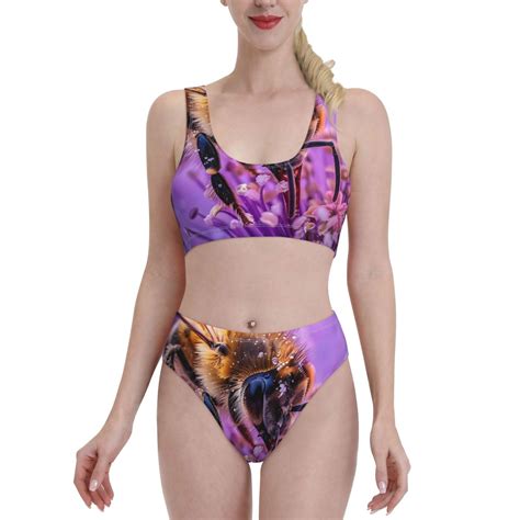 Logiee Closeup Honeybee On Flower Print Women S Piece Bikini Set Halter Bathing Suit High