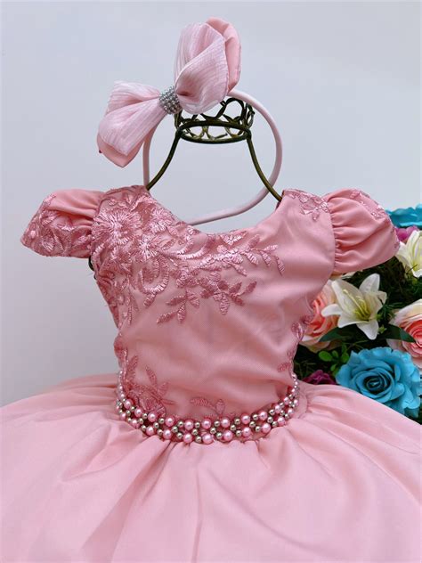 Vestido Infantil Ros Renda Damas Cinto P Rolas E Tiara Rosa Charmosa