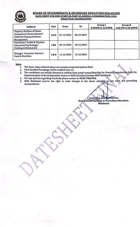 Bise Malakand Date Sheet Hssc Annual Ii Examination