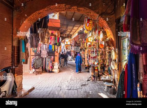 Moroccan Market Souk In The Old Town Medina Of Marrakech Morocco