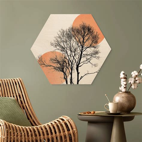 Hexagon Hout Zon En Maan In Oranje Kubistika Wall Art Nl