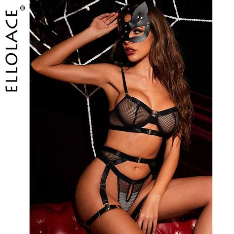 Ellolace Erotic Lingerie Mesh Transparent Exotic Sets With Garters