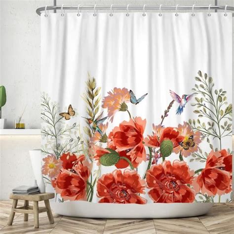 Rideau De Douche Fleurs 240X180 Cm Fleurs Rouges Printemps Feuilles