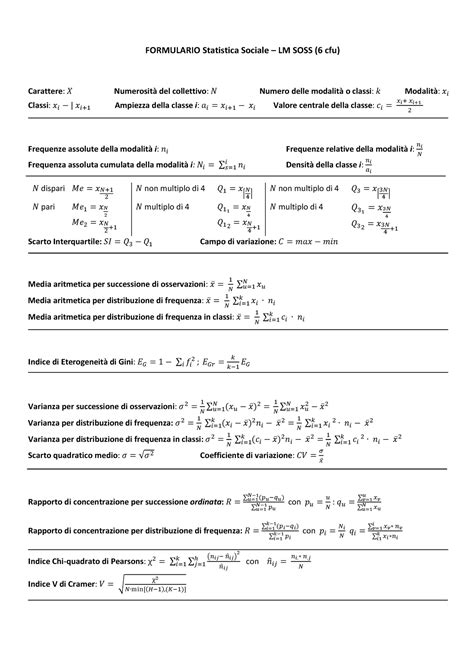 Formulario Formule Statistica Descrittiva FORMULARIO Statistica