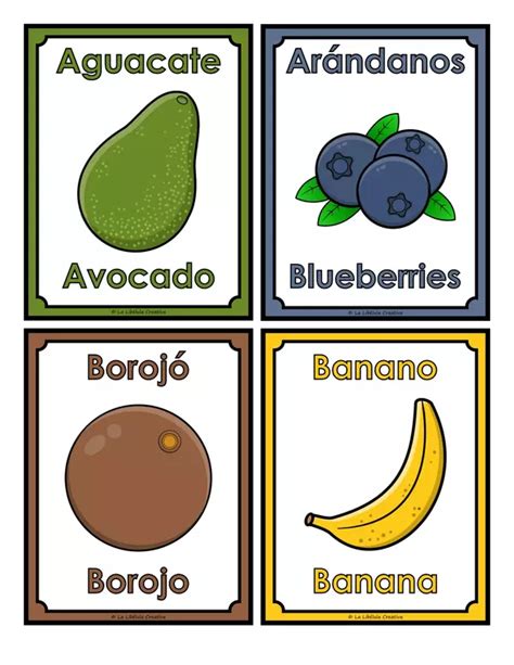 Tarjetas Ilustrativas Frutas Comida Saludable Recortar Color Biling E