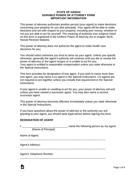 Free Hawaii Power Of Attorney Forms 10 Types PDF Word EForms