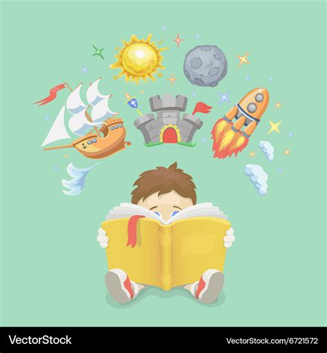 Imagination Concept Boy Reading A Book Rocket Vector Image