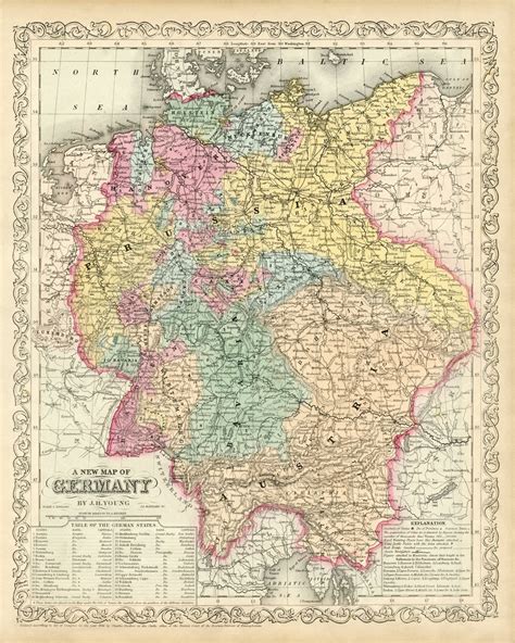 A New Map Of Germany 1850 Rivers Canals Railroads Cities Table Of German States Poster Repro On