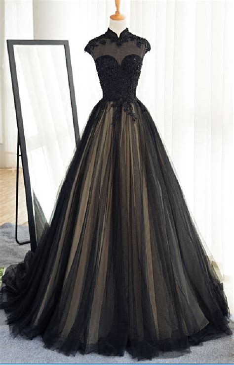 Black High Collar Prom Dress A Line Lace Prom Dress Fashion Prom Dress