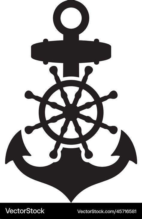 Nautical Ship Wheel And Anchor Black And White Vector Image