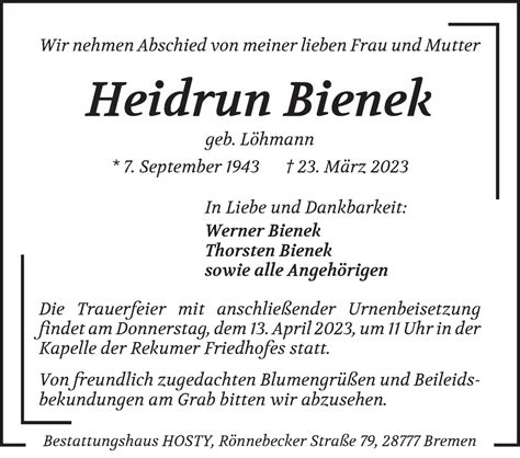 Traueranzeigen Von Heidrun Bienek Trauer Gedenken