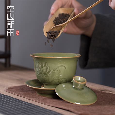 龙泉青瓷盖碗茶杯单杯陶瓷越窑仿古釉家用功夫茶具大号三才泡茶碗虎窝淘