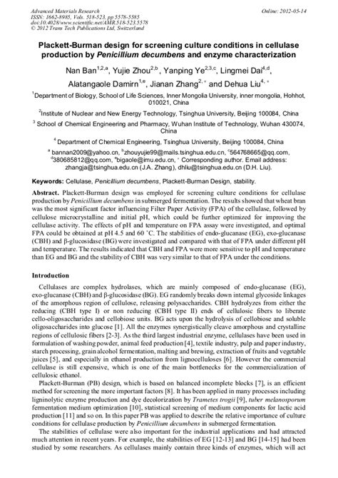 Plackett Burman Design For Screening Culture Conditions In Cellulase