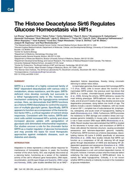 The Histone Deacetylase Sirt Regulates Glucose Homeostasis Via