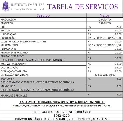 Instituto Embelleze Jacareí Tabela De PreÇo De ServiÇos