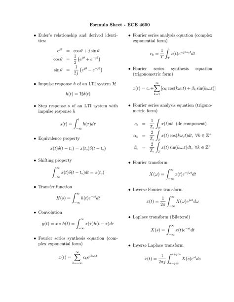 Formula Sheet Ece 4600 Formula Sheet Ece 4600 Euler’s Relationship And Derived Identi Ties