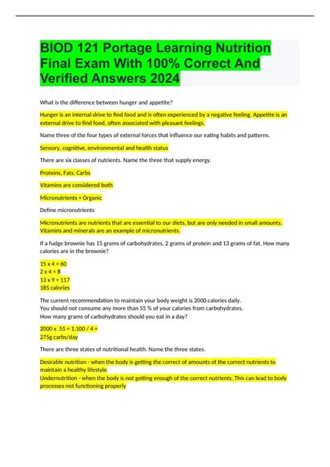 BIOD 121 Portage Learning Nutrition Final Exam With 100 Correct And