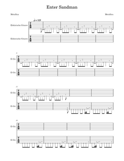 Enter Sandman Metallica Guitar Tab Sheet Music For Guitar Solo