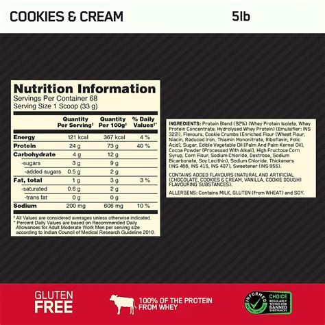 Gold Standard 100 Whey Protein Powder Cookies And Cream 5 Lbs Optimum Nutrition Muscle