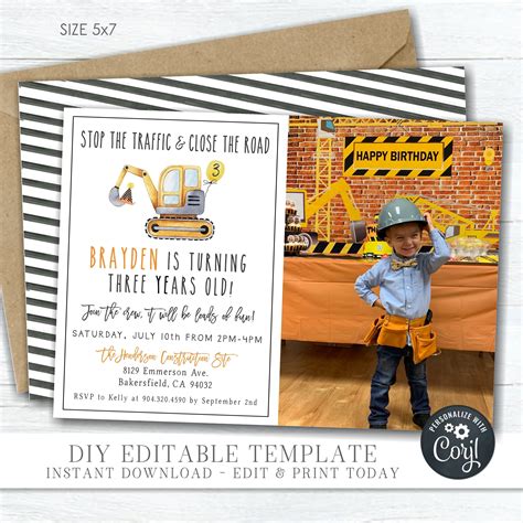 Editable Construction Theme Birthday Invitation Diy Birthday Etsy Canada