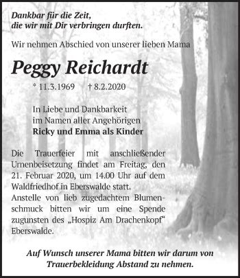 Traueranzeigen von Peggy Reichardt Märkische Onlinezeitung Trauerportal