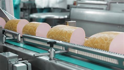 Automated Sausage Packaging Line, Large pieces of sausage move along a