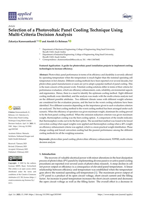 Pdf Selection Of A Photovoltaic Panel Cooling Technique Using Multi Criteria Decision Analysis