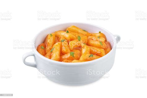 Tteokbokki Traditional Korean Rice Sticks In Hot Spicy Sauce On A White