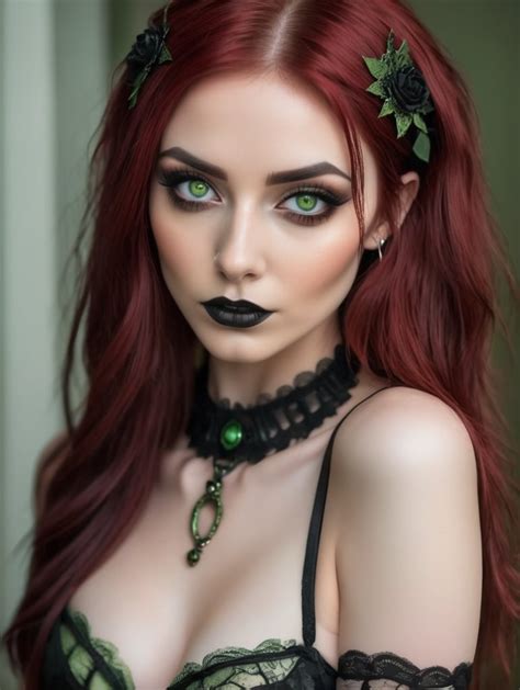 Premium Free Ai Images Dark Goth Skinny Petite Chick In Lingerie With Blood Red Hair And Green
