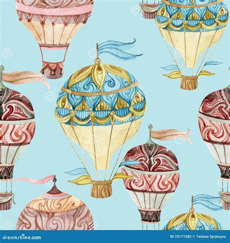Aerostat Seamless Pattern Watercolor Hot Air Balloons Stock Illustration Illustration Of