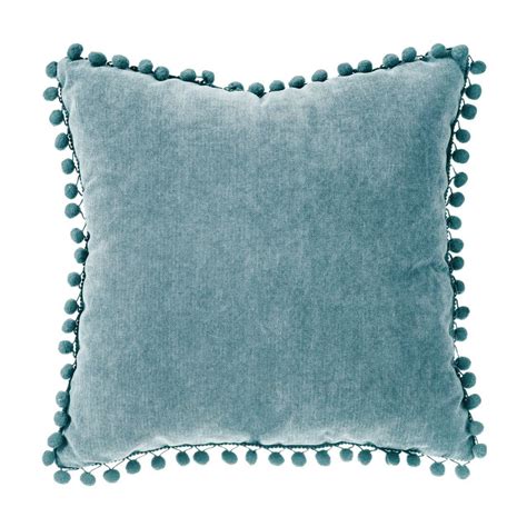 Coussin carré 40 x 40 cm Pompons Bleu canard Déco textile Eminza