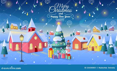 Winter Village Christmas Background With Christmas Tree And Houses