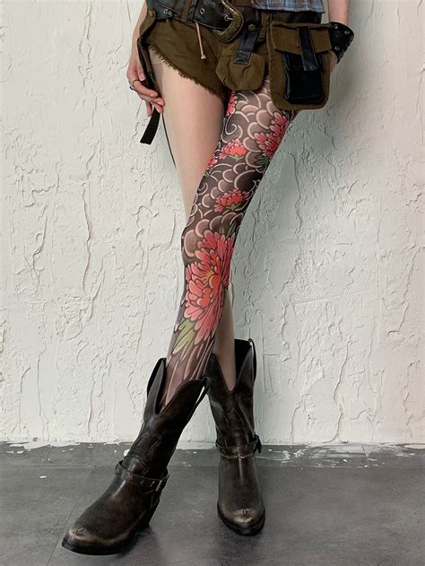 Nude Y K Asymmetrical Design Floral Tattoo Print Tights