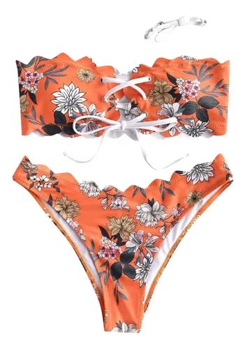 Conjunto De Bikini Tipo Bandeau Festoneado Con Cordones Flor MercadoLibre