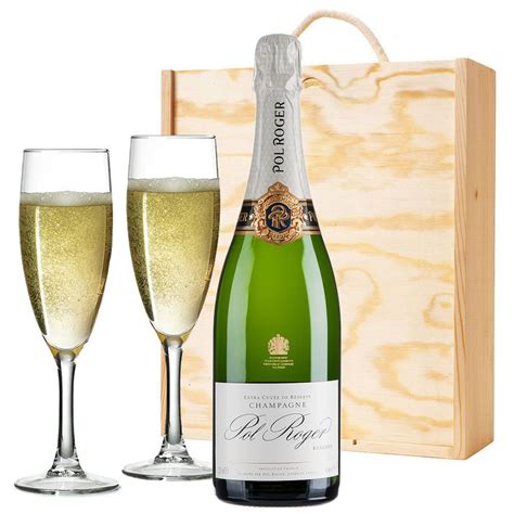 Pol Roger Brut Reserve Champagne Cl And Flutes In Pine Wooden Gift